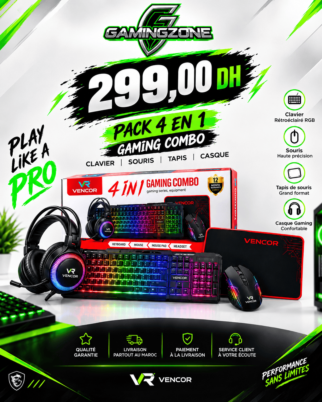 Pack Gaming VENCOR 4 en 1 RGB – Clavier, Souris, Casque et Tapis