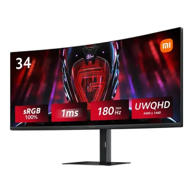 Écran PC gamer incurvé Xiaomi Curved Gaming Monitor G34WQi 34 pouces vue de face et de profil
