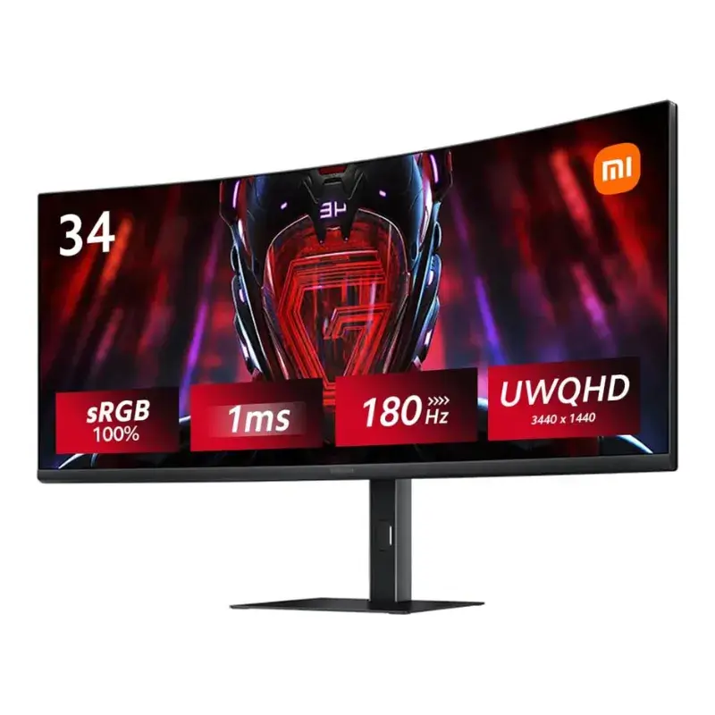 Écran PC gamer incurvé Xiaomi Curved Gaming Monitor G34WQi 34 pouces vue de face et de profil